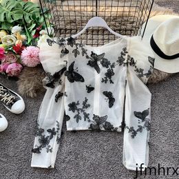 Women's Blouses & Shirts Jfmhrx Gauze Short Zipper Slim Blusas Tops D Butterfly Embroidery Shirt Women Puff Sleeve O-neck Korean 555