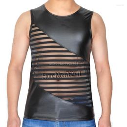 Men's Tank Tops Sexy Men's Tee See-Through Striped Mesh Shirts Underwear Soft Cool Leather Like Vest Top Original Smooth ShirtsMen's