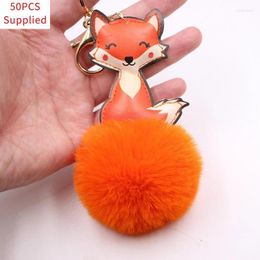 Keychains 50pcs Fur Ball Keychain Charm Key Ring Cute Leather Keyring Plush Fluffy Pompom Faux Bag Car Charms Accessory Miri22