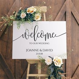 Welcome to our Wedding Sign Vinyl Decal Wooden Mirror Personalise Bride Groom Names Wall Sticker Rustic Wedding Decoration G44 220608