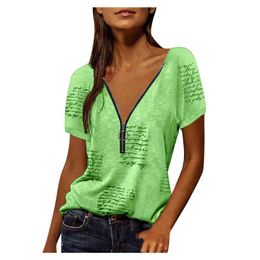 Fashion Zipper V-Neck Blouses Womens Summer Letter Prints Shirts Casual Loose Short Sleeve Tops blusas mujer L220705