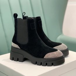 여성 패션 디자이너를위한 발목 부츠 라인 스톤 혼합 색상 신발 최고의 품질 Nubuck 가죽 탄성 밴드 두꺼운 첼시 부츠 35-41
