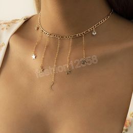 Trendy Crystsl Moon Stars Necklaces Women Summer Bohemian Tassel Layers Pendant Necklace Collar Jewelry Party Gift