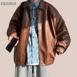 EBAIHUI Men's Jacket Pu Leather Retro Lapel Motorcycle Suit Top Fried Street Loose Zipper Jacket Casual Ruffian Handsome