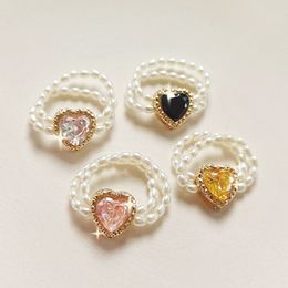 Korean Heart Shaped Fashion Elastic Ring For Women Girl Cute Pearl Zircon Vintage Trendy Crystal Ring Party Jewellery