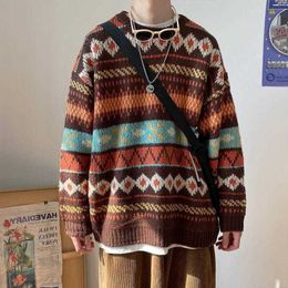 Men's Sweaters HOUZHOU Men's Knitted Vintage Graphic Sweater with Pattern Brown 220823