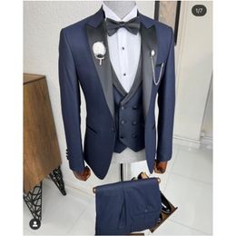 2022 Formal Business Party Navy Blue Mens Suits Slim Fit 3 Piece Groom Wedding Tuxedos Groomsman Best Man Wear Costume Homme