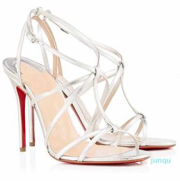 2022-Perfect Women's Sandals Strappy High Heels Fashion Outdoor Silver Gold Genuine Leather Ladies Walking Shoes Eu35-43