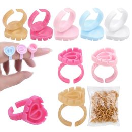 100pcs Heart Eyelash Extension Glue Ring Holder Eye Lash Fans Flowering Quick Blossom Cup Tattoo Pigment Container