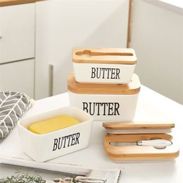 Ceramic Butter Box Cheese Storage Sealing Dish Tray With Wood Lid Knife Food Dish Butter Keeper Tool Plate Container For Kitchen 220418