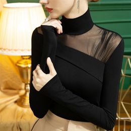 Women's Top Long Sleeve T-Shirt Slim Fit Shirt Mesh Perspective Sexy Office Turtleneck Y2k Aesthetic 220516