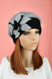 Beanie/Skull Caps M610 Cute Flower Winter Warm Gray Fur & Wool Black Brim Fashion Women's Dress Hat Beanie Cap Pick Color Scot22