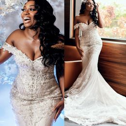 2022 Plus Size Arabic Aso Ebi Mermaid Luxurious Lace Wedding Dress Beaded Crystals Vintage Bridal Gowns Dresses ZJ044