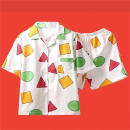 Cute Pyjama Sets Women Men Big Size Print Geometric 3 Pieces Set Tops Short Sleeve Shorts Elastic Waist Blinder Loose S98191 LJ200814