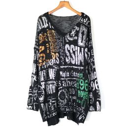 Street wear Letter Printed Long Knitted Wear Tops Women Metallic Colour V neck Sweater Plus Size Loose Knitted Tunic 210203