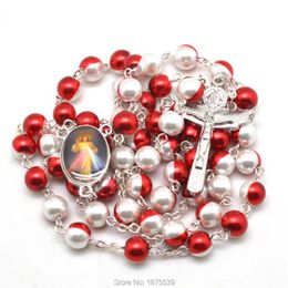 Chains Fashion MEDUGORJE Jesus Rosary Centre Medals Red White Two Colour Glass Round BeadsChains