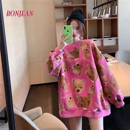 Pink Hoodie Loose Plus Size Streetwear Women Winter Tops Autumn Korean Pullover Oversized Crewneck Christmas Sweatshirt 201208
