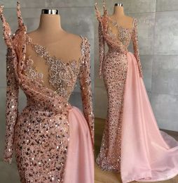 2022 2022 Pink Evening Dresses Long Sleeves Mermaid Jewel Neck Beaded Sparkly Sequins Custom Made Tulle Sweep Train Prom Party Gown vestidos 2022 Designer