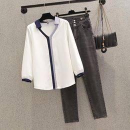 Women's Two Piece Pants Plus Size 2 Suit Spring Autumn V-neck Office Long Sleeve Blouse Denim Korean Top Shirt Pencil Jeans Women Suits