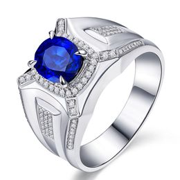 Luxury Men Rings Silver Fine Jewellery Sapphire Zircon Gemstone Open Finger Ring For Engagement Wedding Ring