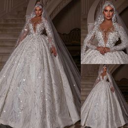 Princess Ball Gown Wedding Dress Sequins Flower Appliques V Neck Long Sleeve Bridal Gowns Custom Beads Lace Bride Dresses