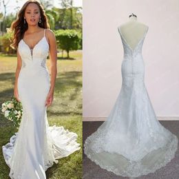 Lace Mermaid Wedding Dress Spaghetti Straps Sexy Backless Appliques Sleeveless Bridal Gowns Real Image