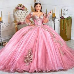 Różowe sukienki Quinceanera z długimi rękawami 3D kwiatowe koronkowe aplikacje Krykcyjne kryształowy dekolt skojarzona brała suknia balowa