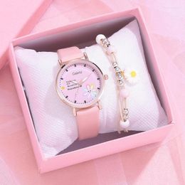 Wristwatches Fashion Kids Watches Set Students Children Pink Watch Girls Leather Strap Child Quartz Wristwatch Girl Gift Clocks