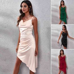 Hot style fashion sexy color butyl satin side draw string swing get split backless condole belt dress female spring and summer T220816
