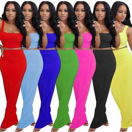 Two Piece Dress Women solid Mini Tank Tops Maxi Midi Skirts Suit Sport Matching Set Outfit Casual Long Dress Tracksuit