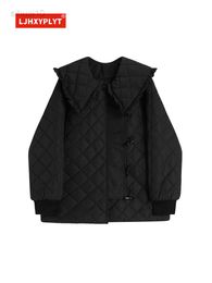 Horn Button Black Rhombus Doll Collar Cotton Padded Jacket Women's Autumn Winter New Simple Long Sleeve Plain Coat Female L220725