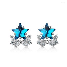 Stud Charm 925 Silver Earrings For Women Wedding Exquisite Crystal Blue Star Cute Butterfly Earring Jewellery Lady Birthday GiftStud Moni22
