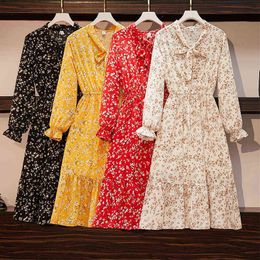 Women Vintage Floral A-line Midi Dress Korean Style Elegant Bohemian V-neck Lace Up Chiffon Autumn Spring Fashion Long Dresses G220510