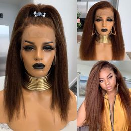 Kinky Straight Human Hair Lace Front Wig For Black Women Media Brown Yaki Straight Synthetic Wigs With Natural Hairline