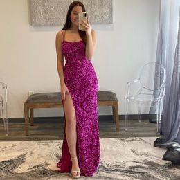 Fuchsia Sequined Lace Up Back Prom Dresses Side Split Mermaid Evening Gown Cross Criss Strap Long Cocktail Party Gown