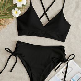 Sexy Bikini Women Swimsuit Black Lace Up Ribbed Swimwear High Waist Bikinis Set Summer Beach Bathing Suit For Female XL 220622