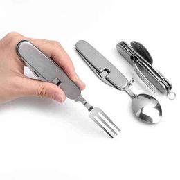 1pc Detachable Multi Tool Portable Picnic Camp Spoon Fold Spork Fork Flatware Tableware Knife Cutlery Bottle Can Opener Y220530