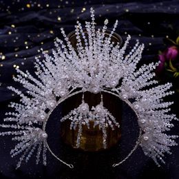 Headpieces Yingshan Red Crystal Pearl Handmade Crown Dress Accessories Bridal Headdress Earring Set 3azp99Headpieces