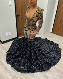 Deep V Neck Mermaid Black Prom Dresses With Gold Sequin Applique Rose Train Long Sleeves Party Gowns Evening Wear