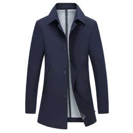 Coat Men Casual Autumn Spring Trench Coat Solid Men's Windbreaker Turn-down Collar Jacket Black Navy Blue Grey Long Jacket Men 201128