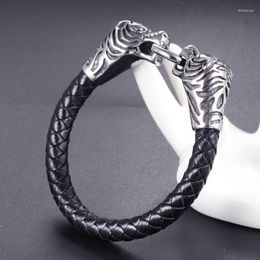 Mens Stainless Steel Tiger Head Titanium Men's Braided Leather Cord Bracelet Boys Gift Jewellery Charm Bracelets
