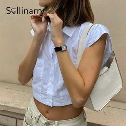 Sollinarry Casual solid white short button blouse High street sleeveless pocket women shirts summer Sexy female crop tops 210709