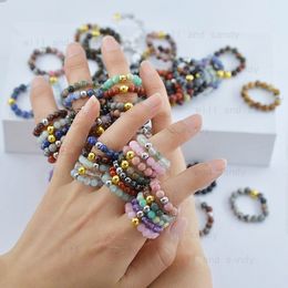 Natural Stone Beads Rings Adjustable Gold Stainless Steel Bead Crystal Amethyst Rose Quartz Gemstone Ring for Women Men Fashion Jewellery