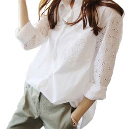 Office White Womens Shirt Tops And Blouses Tunics Plus Size Woman Blouse Work Hollow out 9/10 Sleeves Blusas Femininas 220423