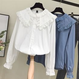 White Blouse Shirt Women Autumn Spring Long Sleeve Ruffle Shirt Female Blouses Casual Doll Collar Tops Plus Size Colthing 210308