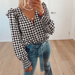 Elegant black plaid autumn winter women blouse Office lady ruffle puff long sleeve shirt V-neck short female blouse 210308