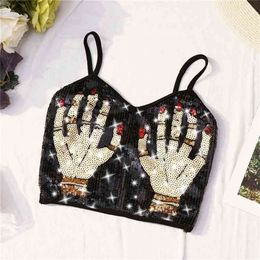 Fashion Women Crop Tops Summer Palm Beaded Sequins Spaghetti Strap Black Short T Shirt Woman Sexy Top 210401