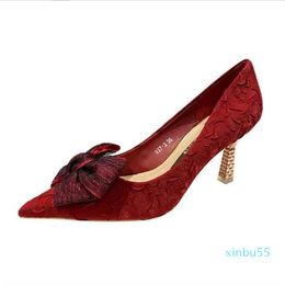 Dress Shoes Red Wedding High Heels Female Stiletto Heel Spring Pointed Bow Single Bridal