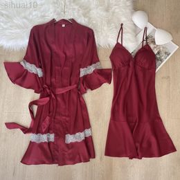 Kimono Bathrobe Women Nightwear 2Pcs Satin Robe Set Lace Patchwork Nightgown Intimate Lingerie Casual Home Clothing L220803