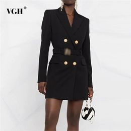 VGH Vintage Black Patchwork Zipper Mini Dress Female Notched Long Sleeve Gathered Waist Korean Slim Dresses For Women 2022 Style 220316